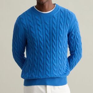 Piombo Royal Blue Ribbed Crewneck Men’s Cotton Sweater(Size XXL)